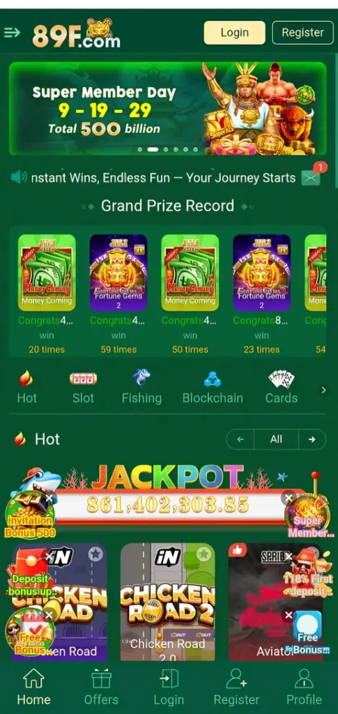 89F Game official platform interface showing exciting casino, slot, and sports betting options with a smooth and user-friendly design.