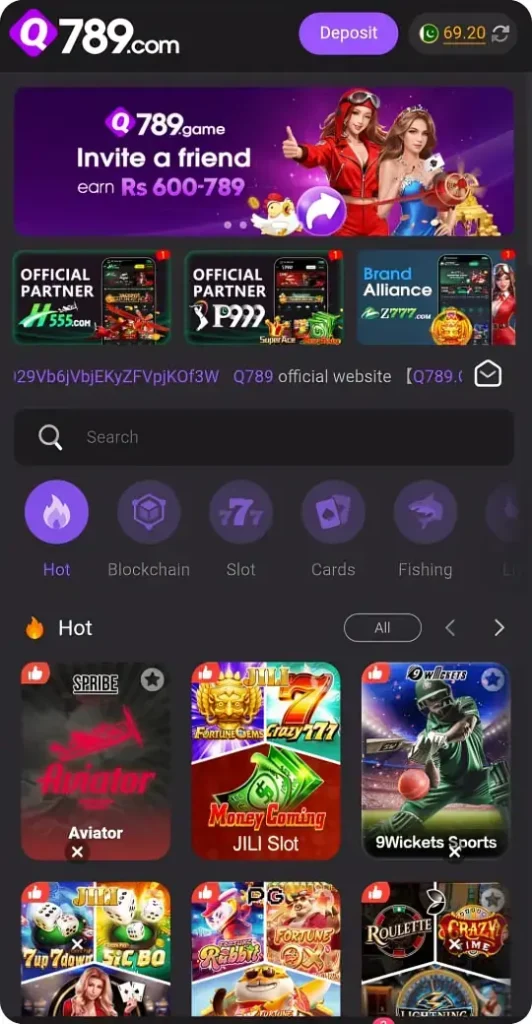 Q789 Game official platform interface showing exciting casino, slot, and sports betting options with a smooth and user-friendly design.